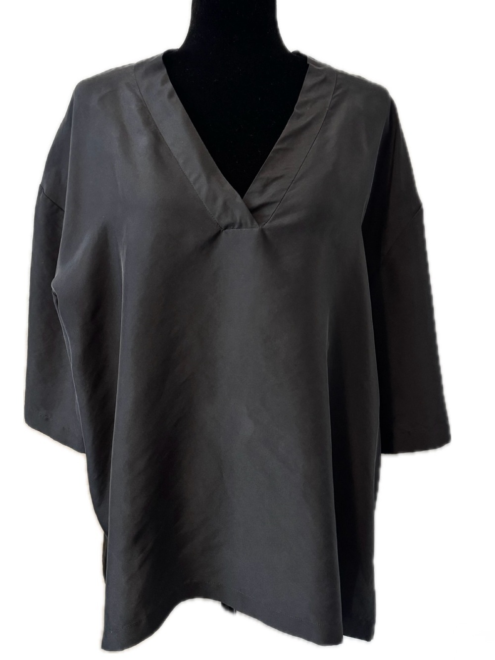 Garnet Hill 100% Silk V Neck Tunic Blouse XL Black 3/4 Sleeve Minimalist